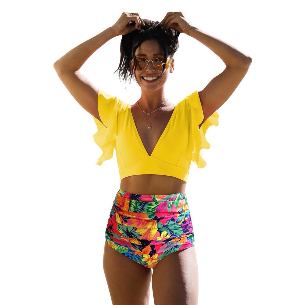 Sporlike Women Ruffle High Waist Two Piece Push Up Bikini (Floral/Yellow,XLarge)